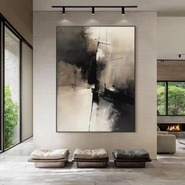 Gran cuadro abstracto minimalista_ arte mural moderno en lienzo en negro y beige, tonos neutros para decorar la sala de estar o la oficina_ - Etsy España