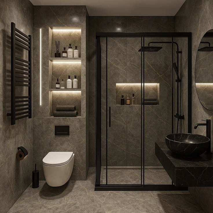Modern Grey Bathroom with Wall Niches & Black Accents